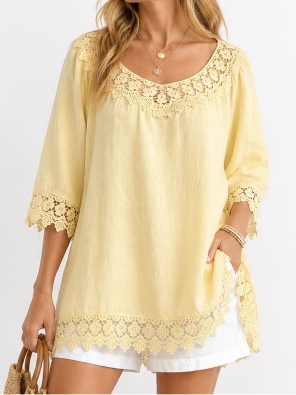 Piazza Roma Yellow Linen Lace Trim Boho Cottagecore Blouse Size L